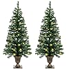 4FT Prelit Christmas Tree 2-Pack Artificial Potted Christmas Tree with 100 Warm White LEDs Battery Powered & 8 Lighting Modes for Xmas Porch Entrance Decorations