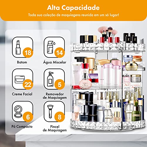 Organizador de Maquiagem Acrílico Giratório 360 Completo para Cosméticos - Pincel, Base, Batom, Corr