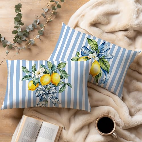 Image of Yellow and Blue Summer Italian Mediterranean Amalfi Coast Lemon Pillow Cover Decor 12x20,Italian Striped Decorative Throw Pillow Cover Decor for Couch Double-Sided Set of 2