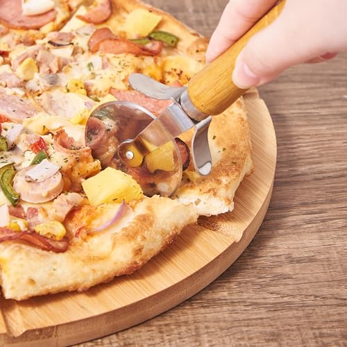 E&W Circular Bamboo Pizza Cutting Board with Cutter, 33cm - Durable and Eco-Friendly - Image 7