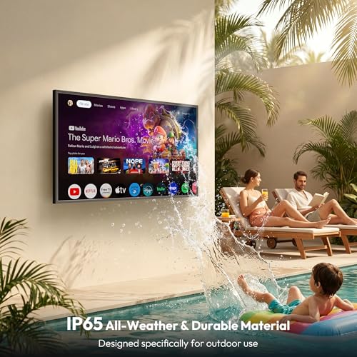 Image of 65'' Outdoor TV,2500 Nit High Brightness,IP65 All-Weather 4K UHD Smart Television, Dolby Atmos, HDR 10, Google Voice Assistant Remote,Suitable for Outdoor Courtyard Pools or Commercial Settings