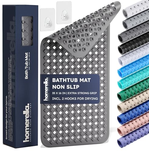 homerella® Bathtub Mat Non Slip 35x16, Incl. Hooks for Drying, Extra Long, 100% BPA Free, Shower Mat Non Slip Anti Mold, Machine Washable, Shower Mats for Inside Shower Mildew Resistant