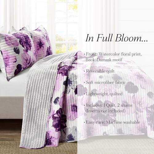 Image of Lush Decor Leah Reversible Floral Quilt Set, 3 Piece Set, King, Gray & Purple - Watercolor Botanical - Cottage Core - French Country Decor- Bedding Queen Size