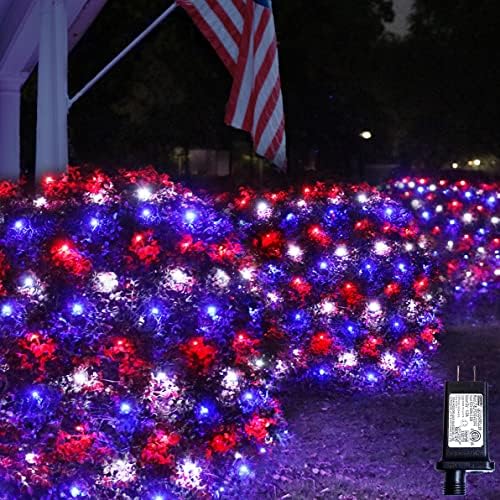 4th of July Decorations Patriotic Net Lights, 240 LED Red White and Blue Outdoor Mesh String Lights, 8 Modes Waterproof Connectable Fairy Lights for Bushes Independence Day Yard Garden Party 11.5x5ft