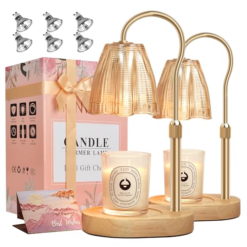 Honvinor Candle Warmer Lamp with Timer & Dimmer, Candle Warmer Height Adjustable, Fits All Jar Scented Candles, Candle Lamp with 3 Bulbs, Charming Gift Box with Ribbon for Gifting(2 Pack)