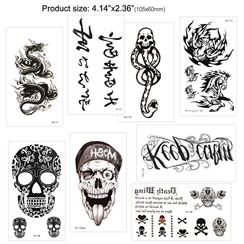 Konsait 30 Sheets Temporary Tattoos For Men Women Adult Fake Tattoo Body Art Stickers Waterproof Black Tiny Temporary Tattoo For Hand Neck Wrist Arm Shoulder Chest Back Legs, Dragon Anchor Lion Skull #TOP1