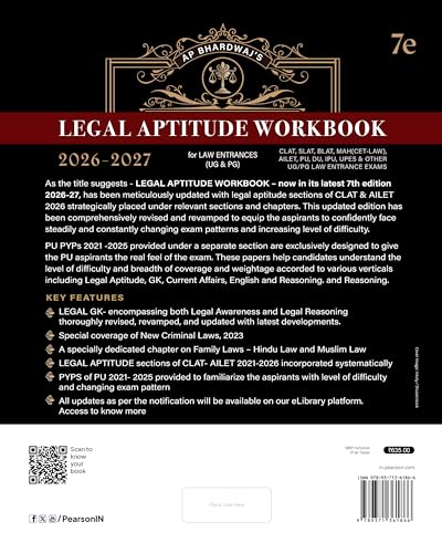 Image of Pearson'26 Legal Aptitude Workbook Law Entrances (UG & PG) 2026-2027 (CLAT, SLAT, BLAT, MAH(CET-LAW), AILET, PU, DU, IPU, UPES, & Other UG-PG Law ... GK, Current Affairs, English, & Reasoning