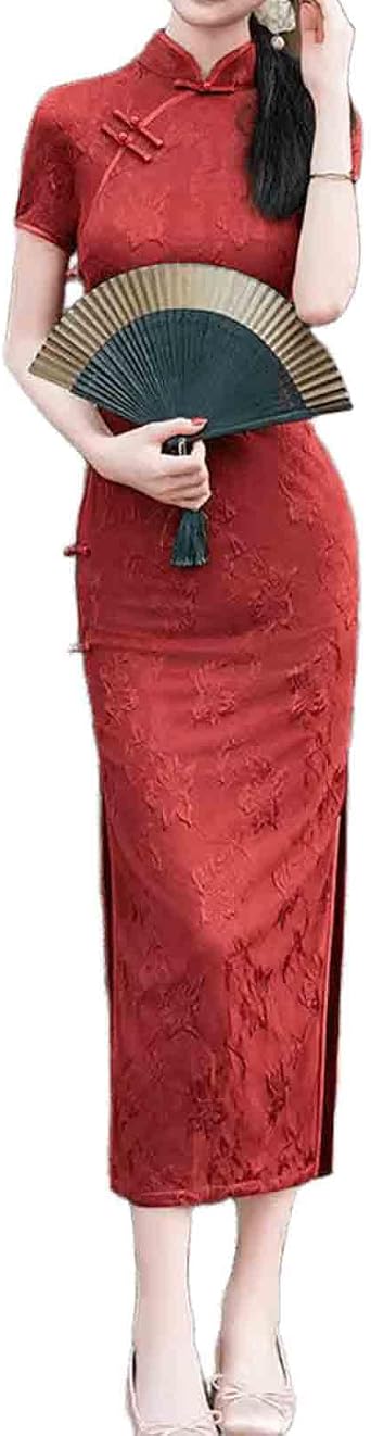Womens red Qipao Flower Embroidery Side Seam Slim fit Dress Chinese Wedding Dress Bridesmaid Dress Qipao