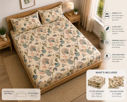 Image of DECORUM Cotton Feel Glace Cotton Fitted Bedsheet King Size (72 inchx78 inch)| All Around Elastic| 2 Pillow Covers (17 inchx27 inch)| Fits Up to 8 inch Mattress| 220 TC|Soft, Wrinkle-Free |Perfect for Home Decor & Gifting