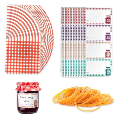 fKiZanthene Jam Jar Labels and Paper Doilies Set 50 Pieces with Rubber Bands for Jar Sealing and Kitchen Organisation