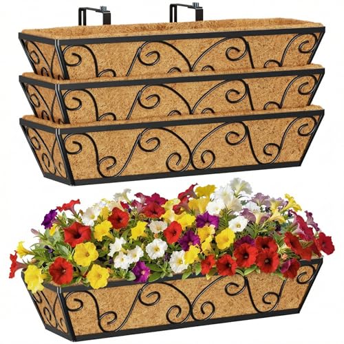 LAWYAMAI 4pcs 24 Inch Window Deck with Coco Liner, 24" Window Boxes Horse Trough with Coconut Coir Liner, Metal Hanging Flower Planter Window Basket Deck Railing Planter Boxes for Outdoor Indoor Lawn