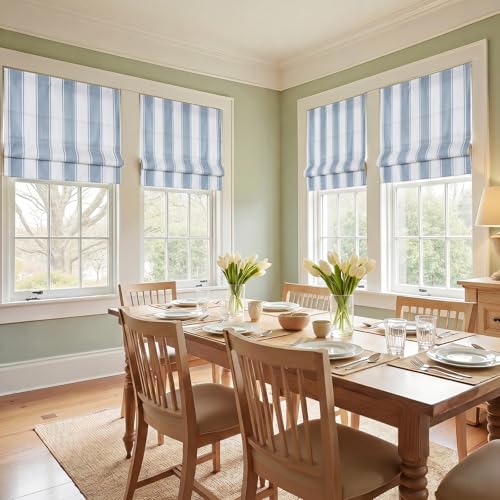 Image of TWOPAGES No Drill Wide Stripe Roman Shades Cordless Roman Blinds for Windows, Custom Made Light Filtering Blackout Blinds Farmhouse Shades for Kitchen, Blue Bordered Wide Bar, 1 Piece