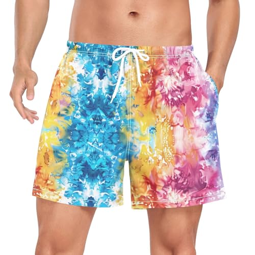 Mens Swim Trunks with Liner, Shibori Tie Dye Print Cool Quick Dry Beach Swim Shorts, Swimwear Bathing Suits S