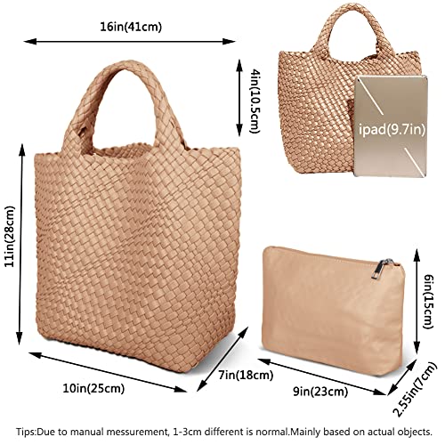Womens Vegan Leather Woven Bag With Purse, Fashion Handmade Beach Tote Bag Top-Handle Handbag Apricot #TOP2