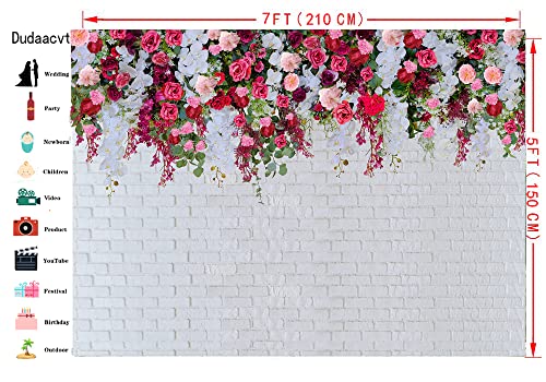 Dudaacvt 7X5Ft Flower Wall Backdrop White Brick Wall Flowers Photography Background Mother's Day Backdrop Wedding Bridal Baby Shower Birthday Party Decor Banner D-629 #TOP2
