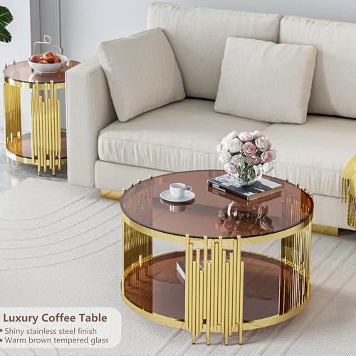 Brown Glass Coffee Table Round Gold Modern Luxury Living Room Table 31.5 Inch, Stainless Steel Irregular Leg Tempered Glass Top, Sofa Center Cocktail Table for Home Office, Brown
