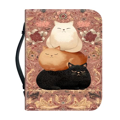 RMJKXQZG Leather Bible Cover Case for Women 12.2 * 9.06 * 2.76, Bible Bag Carrying Case with Handle Pen Slots Study Bible Supplies, Cute Cat with Golden Patterns