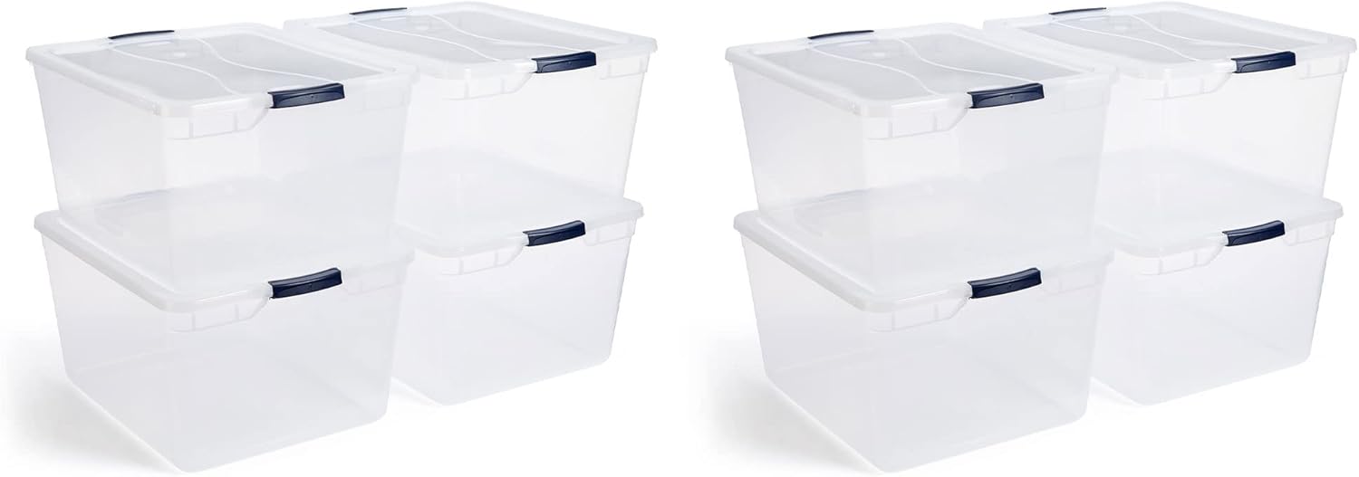 Rubbermaid Cleverstore 74 Quart Latching Plastic Storage Tote Container Box Bin with Lid for Home or Office Organization, Clear (8 Pack)