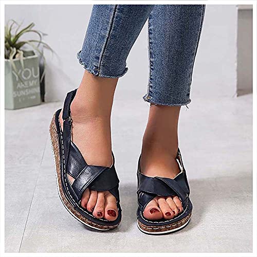 Sandalias de Costura Para Mujer Sandalias de Cuña Cómodas Sandalias de Para Mujer Sandalias Planas Zapatos de Playa Punta Abierta Para Mujer,for Viajes Al Aire Libre,Tallas 35-43Blue-EUR 40/USA 9 Cover