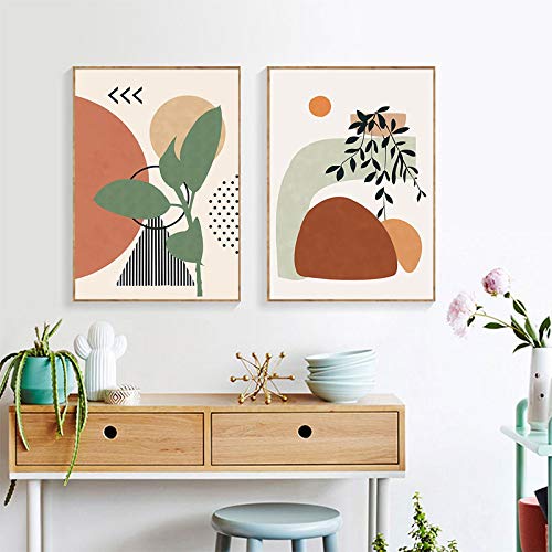 Affiche moderne boho style feuilles déco chambre lot de 2 grandes peintures sur toile