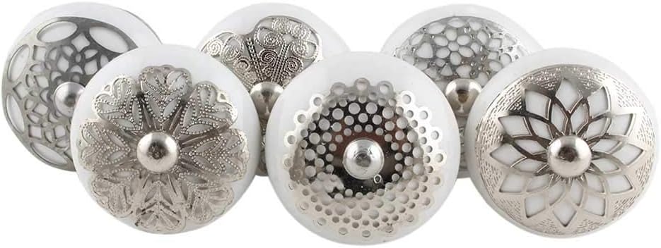 Indian Shelf Pack of 6 White and Silver Drawer Knobs- Ceramic Kitchen Cabinet Knobs- Round Drawer Pulls- Floral Cabinet Knobs- Dresser Knobs- Kitchen Knobs for Cabinets- Farmhouse Drawer Knobs