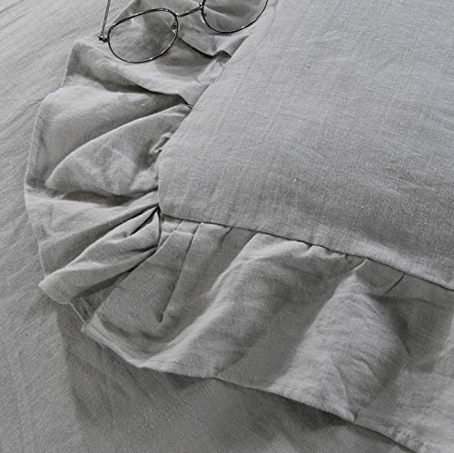 Meadow Park 100% Stone Washed French Linen Duvet Cover Set 3 Pieces, Full/Queen 90 Inches X 92 Inches, Shams 20 Inches X 26 Inches, Ruffled Style, Button Closure, Corner Ties, Super Soft, Grey Color #TOP3