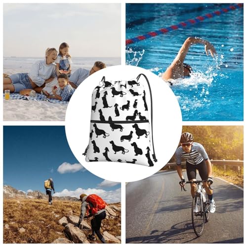 JAYWIS Black Dogs Rucksack mit Dackel-Motiv, mit Kordelzug, mit Reißverschlusstaschen, wasserabweisend, leicht, für Wandern und Fitnessstudio, verstellbare Träger, kompakt