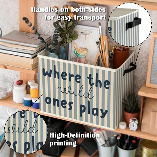 Image of Blue Stripe Boho Classroom Storage Bins Box with Handles, Where the Wild Ones Play Collapsible Basket Organizer for Kids Playroom Nursery Bedroom Bathroom Books Clothes