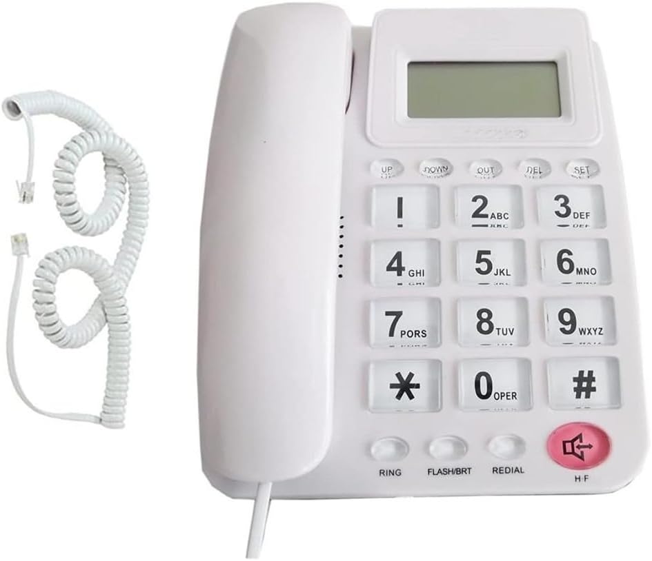 White FO-85011 CID telephone with its coiled handset cord and telephone line cord detached