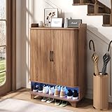 Maupvit 6-Tier Shoe Cabinet with Tambour Slatted Sliding Doors, Entryway Shoe Storage Cabinet with Led Light & Open Storage, 4 Adjustable Shelf, Shoes Rack Organizer for Entryway, Hallway, Living Room