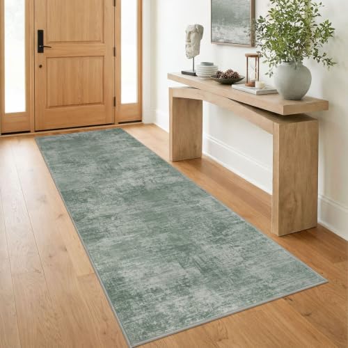 IOHOUZE Abstract Runner Rug 3x8 Ft Washable Runners for Hallways, Non Slip Kitchen Runner Printed Faux Wool Entryway Runner Indoor, Modern Abstract Floor Carpet for Hall Bedroom, Sage Green