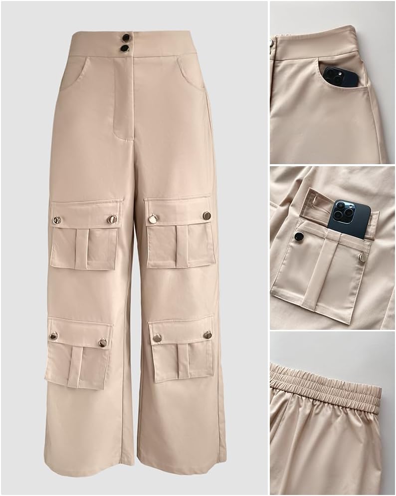 CHICME Women's High Waist Cargo Pants Zipper Fly Flap Pockets Design Elastic Back Waist Wide Leg Baggy Pants