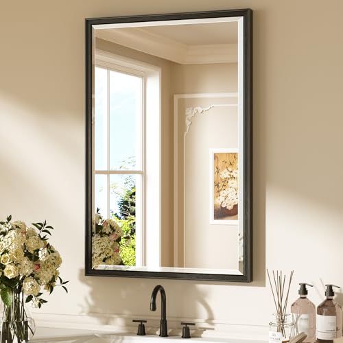Keonjinn 24" x 36" Black Bathroom Mirror, Brushed Black Framed Mirror for Wall, Beveled Tempered Glass, Decorative Wide Frame, Rustproof, Rectangular Bathroom Vanity Mirrors with Square Corner