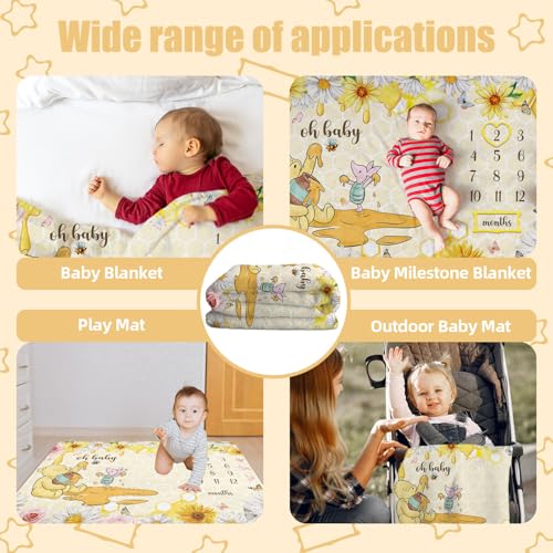 Image of Winnie Baby Milestone Blanket, Honey Themed Baby 12 Months Milestone Blanket, Winnie Photo Calendar Monthly Growth Chart, with 8PCS Double-sided Printed Cardstock, Christmas Decoration Photo Gift