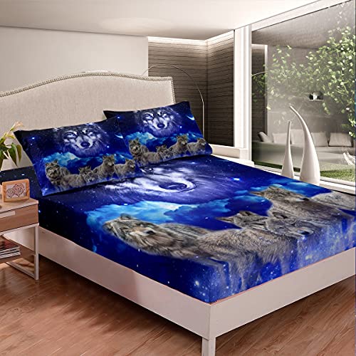 Grey Wolf Bed Sheet Set 4 Piece, Navy Blue Starry Night Galaxy Moon Fitted Sheet With 1 Flat Sheet + 2 Pillowcases, Wildlife Animal Theme Bedding Set For Children Bedroom Decor, Queen Size #TOP1