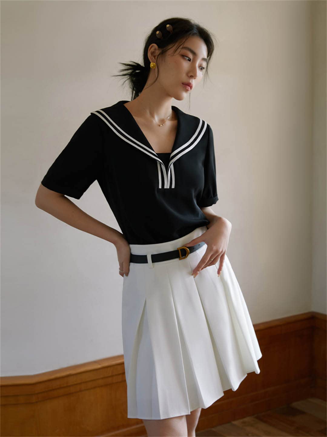 Gonna a pieghe da donna Primavera ed estate Gonna reversibile con cintura