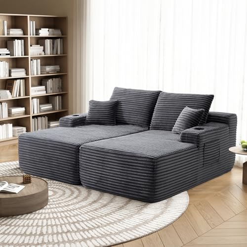 Yomsum 69" Oversized Boneless Sofa Bed, Double Chaise Lounge Chair Indoor, Plush Corduroy Sectional Couches for Living Room, Comfy Cloud Couch No Assembly(Dark Grey)