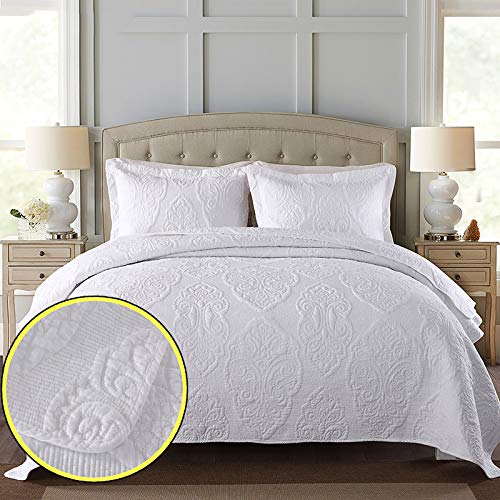 Colcha blanca acolchada Súper King Size Cubierta de cama en relieve 3 piezas Cubierta de algodón 100% con fundas de almohada Manta de cama reversible Tira (250x270cm),250 * 270cm