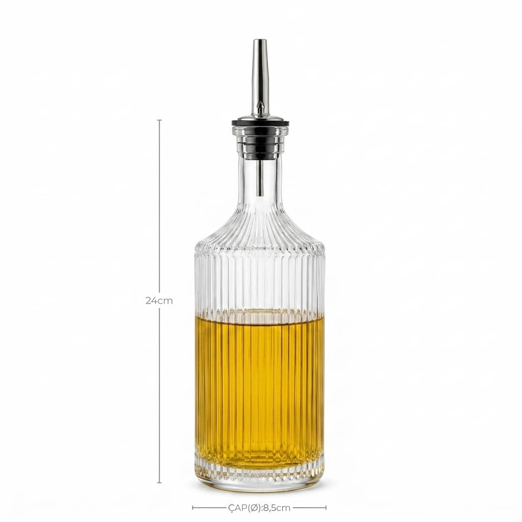 Deconox 2'li Pure Model Şeffaf Cam Yağdanlık Seti - Optikli (Çizgili) Tasarım, Paslanmaz Akıtmaz Uçlu Yağ ve Sirke Şişesi (750 ml x 2 Adet)