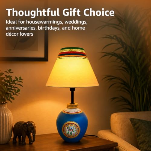 Image of Amazon Basics Warli Whispers Blue Table Lamp | Hand-Painted Blue Base with Cream Fabric Shade | E14 Holder | Decorative Night Lamp for Bedroom, Living Room & Study Room | Home Decor Gift