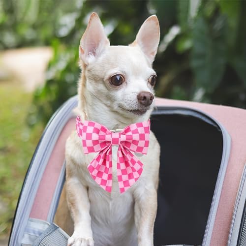 UP URARA PUP Pink Plaid Bowtie Dog Collar - Summer Comfortable Cotton Collar With Metal Buckle for Puppy Boy Girl, M — view 3