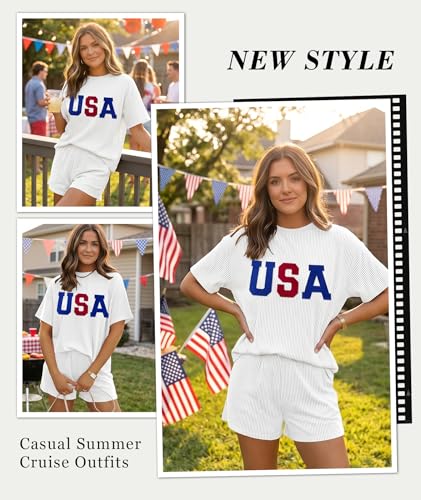 Image of MARZXIN Women 2 Piece Shorts Set 2026 Casual Summer Cruise Outfits Ribbed Loose Short Sleeve Pocket Matching Lounge Sets