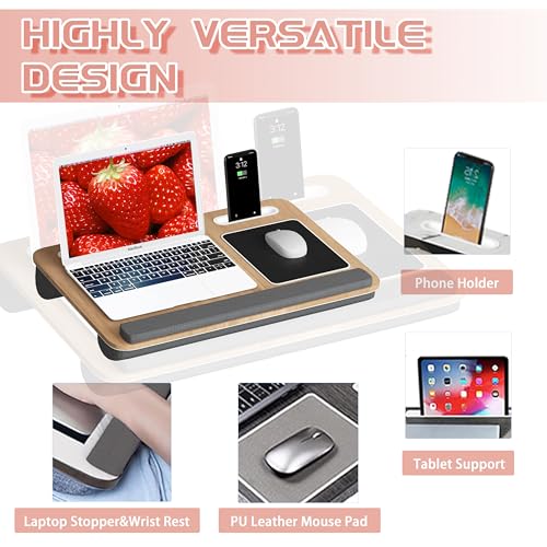 BORNOON-Lap-Laptop-Desk-Fits-Up-to-17-Inch-LaptopPortable-Lap-Desk-with-Pillow-Cushion-Anti-Slip-Mouse-pad-Storage-FunctionHome-Office-Students-Use-as-Computer-Laptop-Bed-Table-Wood-Grain