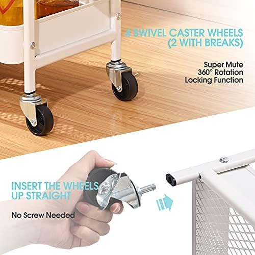 KINGRACK 3-Tier Rolling cart,Storage Trolley with DIY Dual Pegboards on 2 Sides,Utility Cart with Removable Baskets Hooks, Serving Storage Cart Easy Assemble for Office,Home,Kitchen,Classroom White