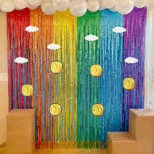 Tingjoo 2 Pcs Super Themed Foil Fringe Backdrop Curtain with Coin Cloud Decal 3.3 x 6.6 ft Video Games Theme Birthday Party Decorations, Video Games Photo Booth Props Baby Shower Party Supplies by Tingjoo - Used condition - Image 2