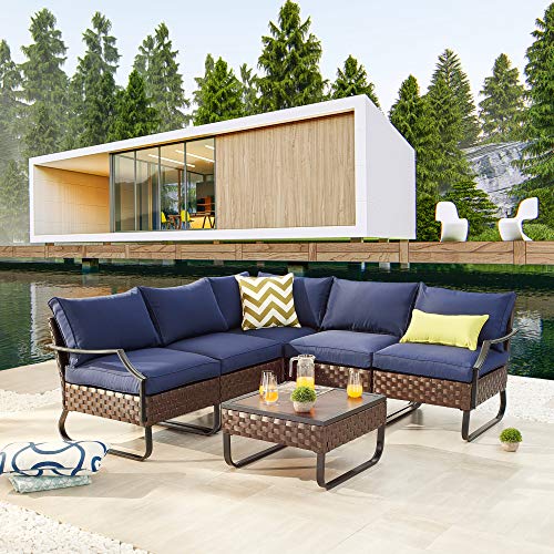LOKATSE HOME Sectional Conversation Sofa 6 Pcs Outdoor Patio Rattan Furniture Set All-Weather Wicker Metal Frame Chairs with Cushion & Coffee Table, Blue LOKATSE HOME Sectional Conversation Sofa 6 Pcs Outdoor Patio Rattan Furniture Set All-Weather Wicker Metal Frame Chairs with Cushion & Coffee Table, Blue