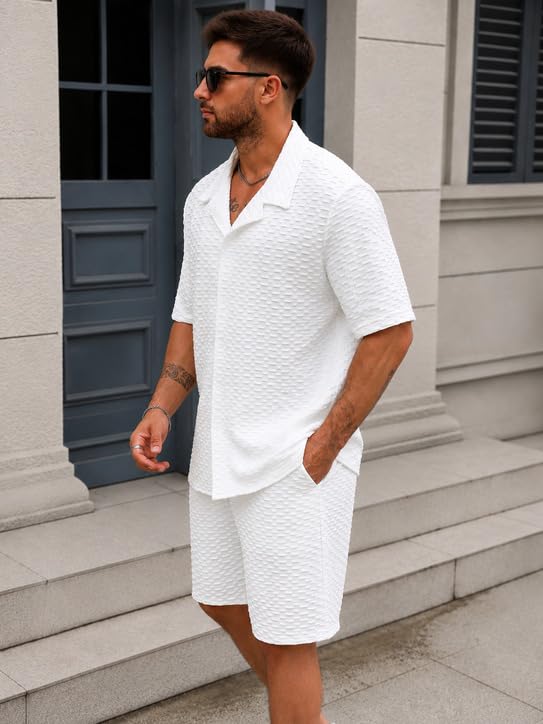 Image of Zilcon Men's Textured Co-Ord Set | Half Sleeve Cuban Collar Shirt & Shorts | Casual Summer Lounge Wear | Premium Matching Outfit