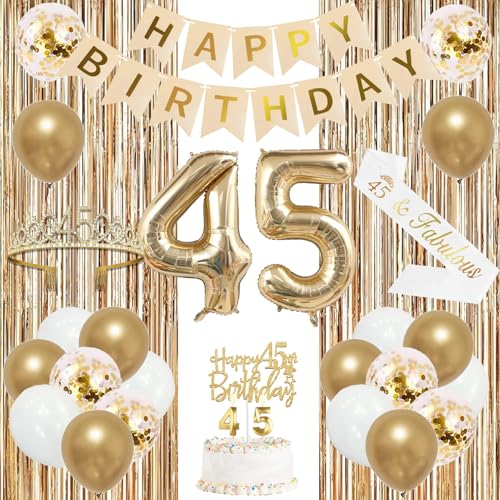 Image of Trgowaul 45th Birthday Decorations for Women, Banner, Sash and Crown, Cake Topper, 45 Number Balloon, Fringe Curtains, Champagne Gold 45th Birthday Party Supplies