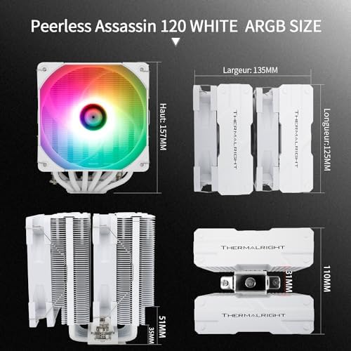 Thermalright Peerless Assassin 120 White ARGB wentylator chłodzący CPU, 6 rur grzewczych, dwa wentylatory TL-C12W-S-PWM 120 mm, aluminiowa osłona radiatora, AGHP, do AMD AM4 AM5/Intel LGA