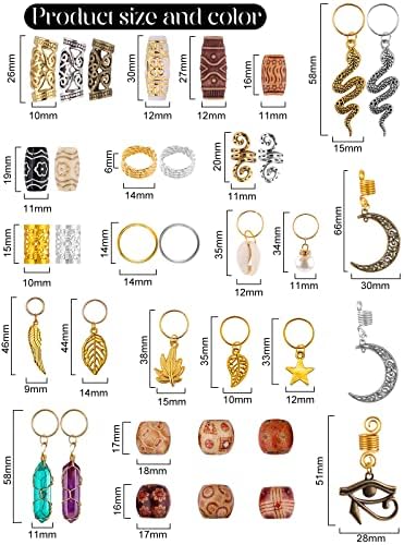 EBANKU 184pcs Hair Jewelry for Braids, Dreadlocks Hair Jewelry for Braids, Jewelry Aluminum Hair Coils, Moon Snake Leaf Braid Clips, Ancient Gold Metal Pendant Wooden Beads Braid Accessories